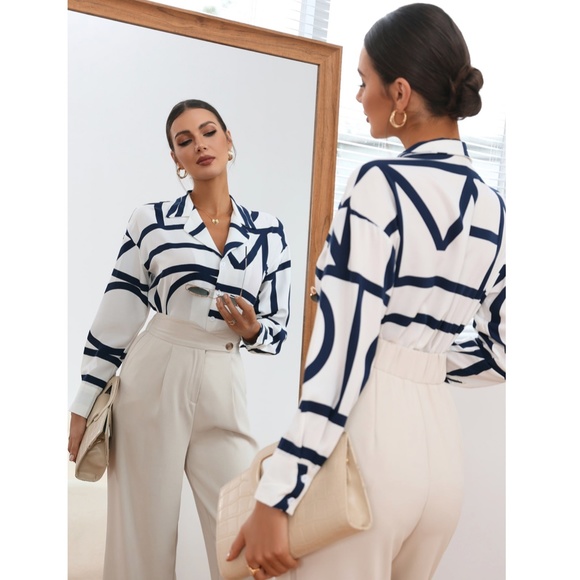 Geometric Print Blouse Buttoned Shirt White - Picture 5 of 9